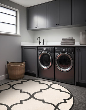 Beige and Black 3' 3 x 3' 3 Trellis Round Area Rug