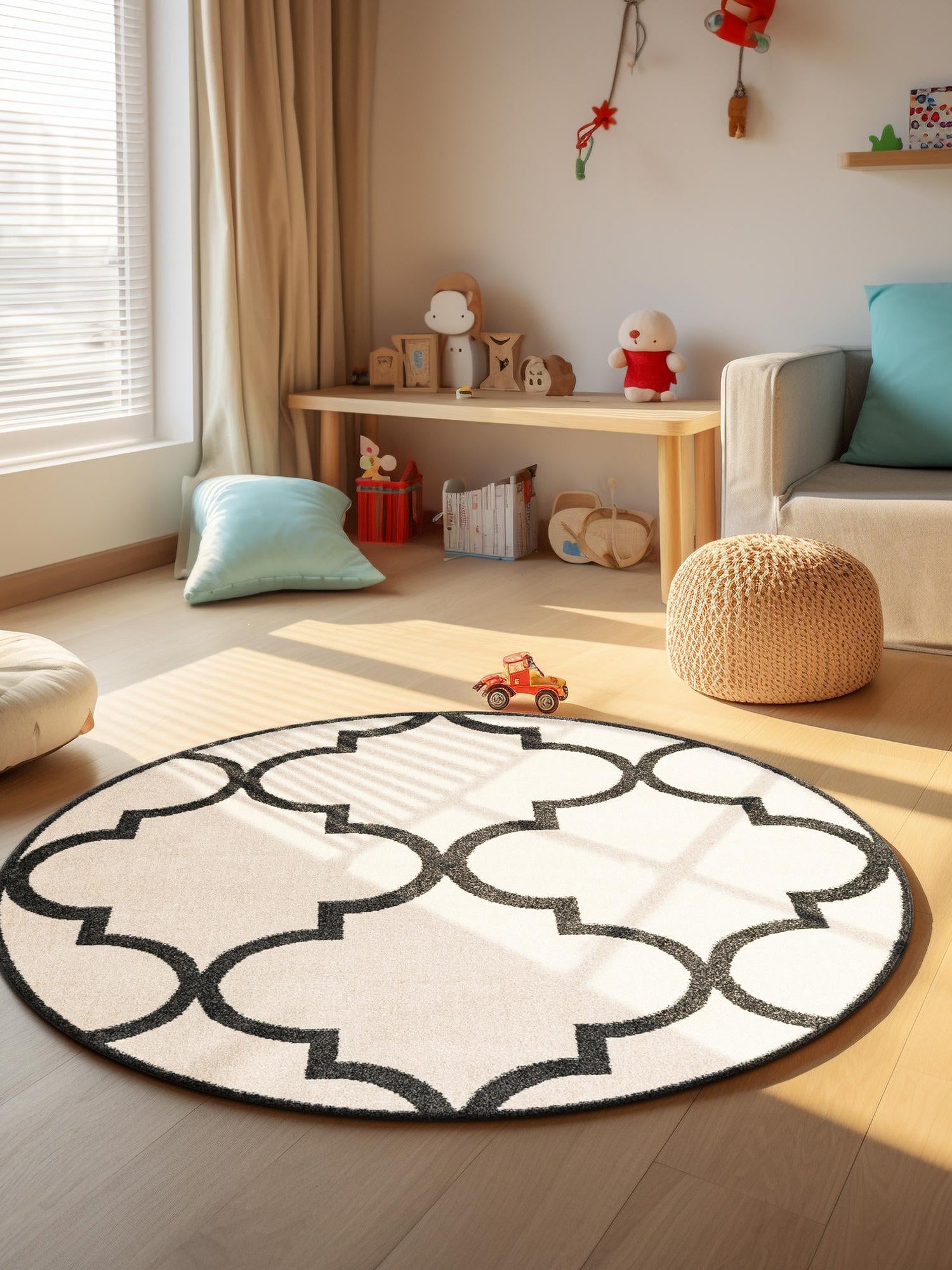 Beige and Black 3' 3 x 3' 3 Trellis Round Area Rug
