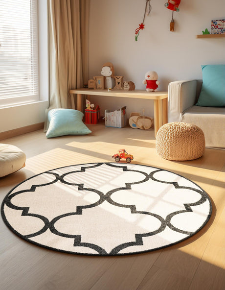 Beige and Black 3' 3 x 3' 3 Trellis Round Area Rug Geometric Modern Unique Durable Easy Clean Carpet for Contemporary Interior Design for Sale at Rug Engine