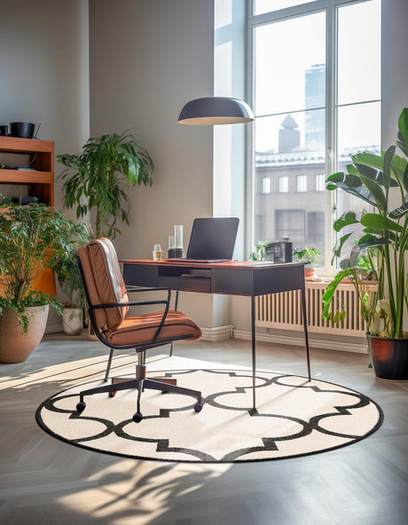 Beige and Black 3' 3 x 3' 3 Trellis Round Area Rug Geometric Modern Unique Durable Easy Clean Carpet for Contemporary Interior Design for Sale at Rug Engine