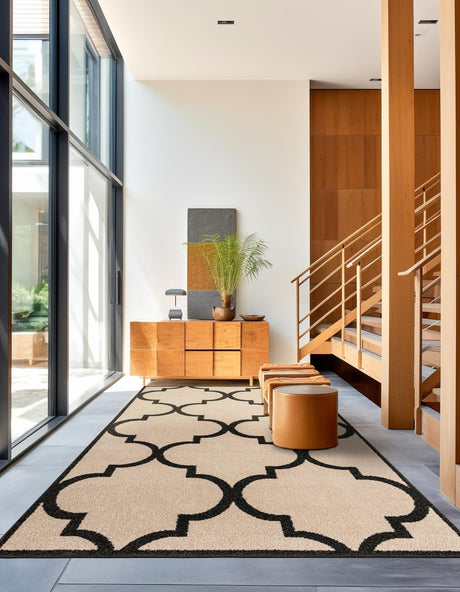 Beige and Black 5' 1 x 8' Trellis Rectangle Area Rug Geometric Modern Unique Durable Easy Clean Carpet for Contemporary Interior Design for Sale at Rug Engine