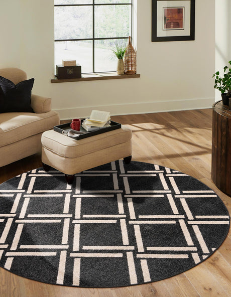 Black 3' 3 x 3' 3 Trellis Round Area Rug Geometric Modern Unique Durable Easy Clean Carpet for Contemporary Interior Design for Sale at Rug Engine