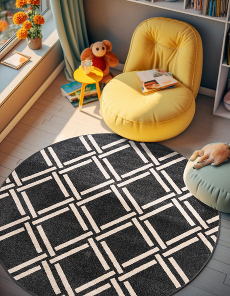 Black 8' x 8' Trellis Round Area Rug Geometric Modern Unique Durable Easy Clean Carpet for Contemporary Interior Design for Sale at Rug Engine