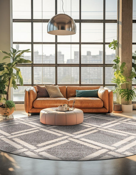 Gray 6' 1 x 6' 1 Trellis Round Area Rug Geometric Modern Unique Durable Easy Clean Carpet for Contemporary Interior Design for Sale at Rug Engine