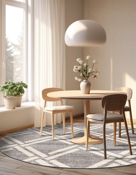Gray 8' x 8' Trellis Round Area Rug Geometric Modern Unique Durable Easy Clean Carpet for Contemporary Interior Design for Sale at Rug Engine