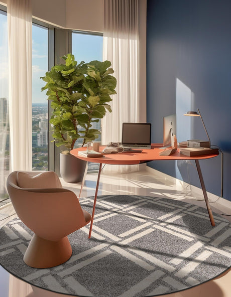 Gray 6' 1 x 6' 1 Trellis Round Area Rug Geometric Modern Unique Durable Easy Clean Carpet for Contemporary Interior Design for Sale at Rug Engine