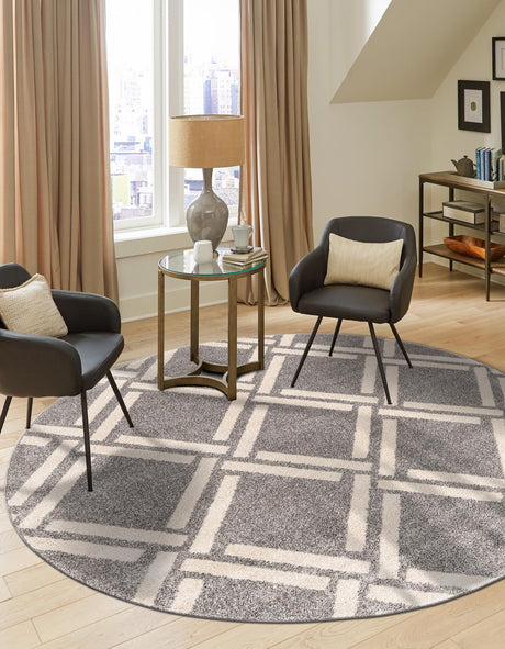 Gray 8' x 8' Trellis Round Area Rug Geometric Modern Unique Durable Easy Clean Carpet for Contemporary Interior Design for Sale at Rug Engine