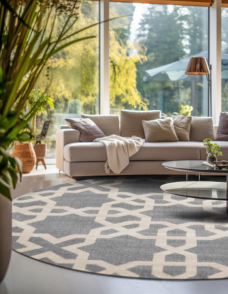 Gray 6' 1 x 6' 1 Trellis Round Area Rug Geometric Modern Unique Durable Easy Clean Carpet for Contemporary Interior Design for Sale at Rug Engine