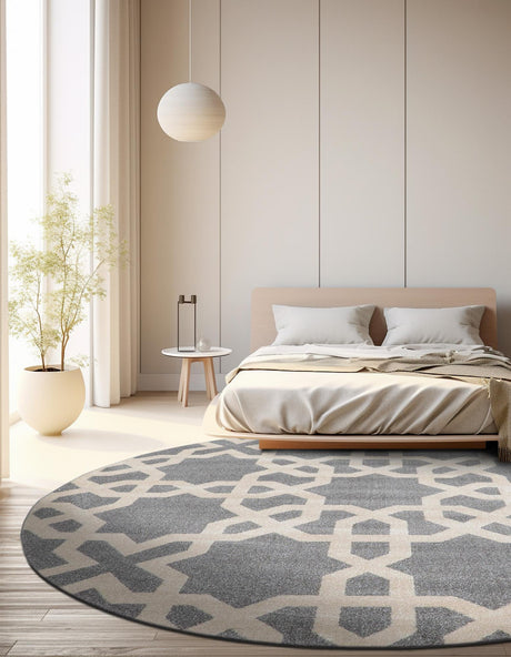Gray 6' 1 x 6' 1 Trellis Round Area Rug Geometric Modern Unique Durable Easy Clean Carpet for Contemporary Interior Design for Sale at Rug Engine