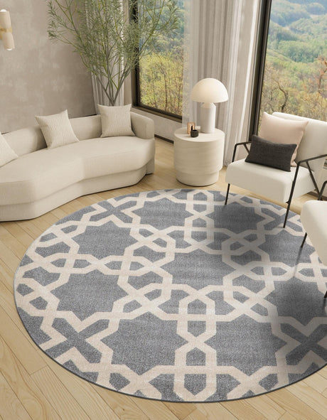 Gray 8' x 8' Trellis Round Area Rug Geometric Modern Unique Durable Easy Clean Carpet for Contemporary Interior Design for Sale at Rug Engine