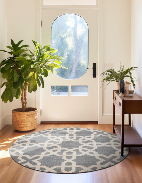 Gray 6' 1 x 6' 1 Trellis Round Area Rug Geometric Modern Unique Durable Easy Clean Carpet for Contemporary Interior Design for Sale at Rug Engine