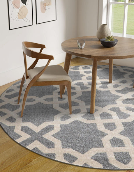 Gray 6' 1 x 6' 1 Trellis Round Area Rug Geometric Modern Unique Durable Easy Clean Carpet for Contemporary Interior Design for Sale at Rug Engine