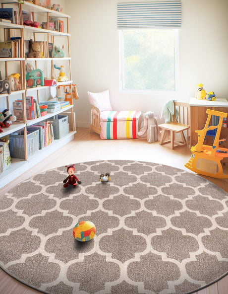 Light Brown 12' 2 x 12' 2 Trellis Round Area Rug Geometric Modern Unique Durable Easy Clean Carpet for Contemporary Interior Design for Sale at Rug Engine