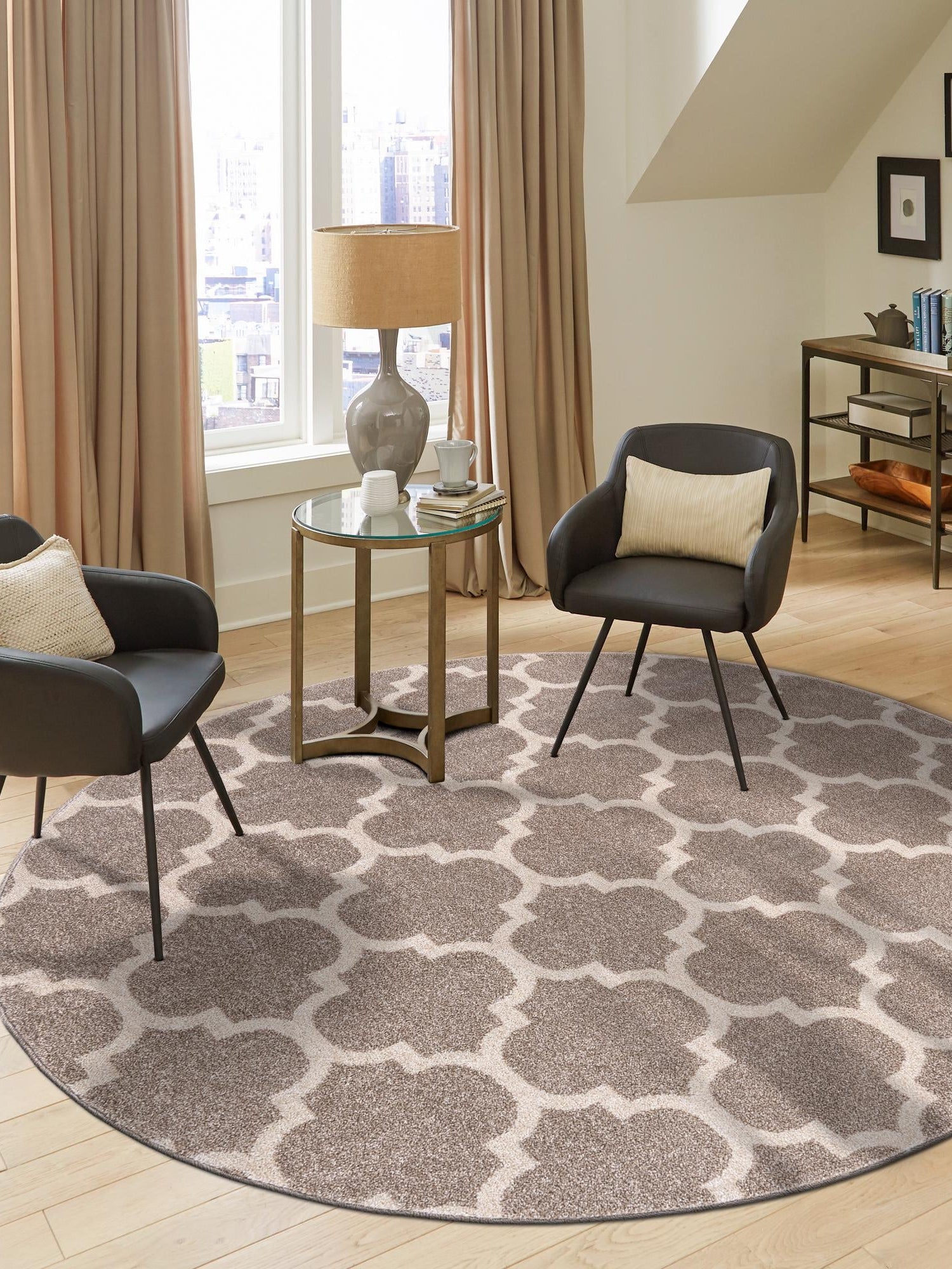 Light Brown 12' 2 x 12' 2 Trellis Round Area Rug