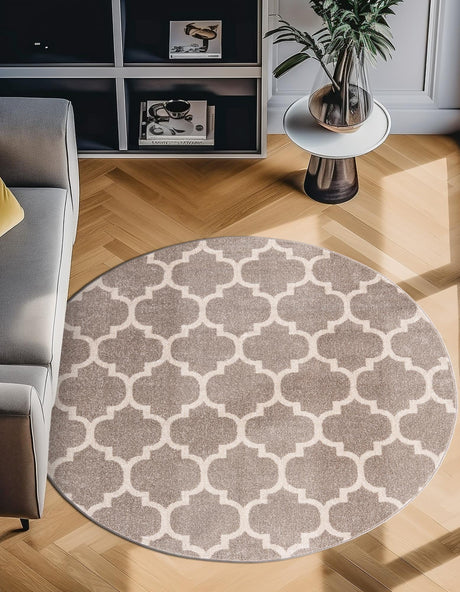 Light Brown 10' x 10' Trellis Round Area Rug Geometric Modern Unique Durable Easy Clean Carpet for Contemporary Interior Design for Sale at Rug Engine