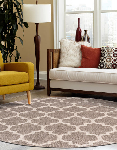 Light Brown 3' 1 x 3' 1 Trellis Round Area Rug Geometric Modern Unique Durable Easy Clean Carpet for Contemporary Interior Design for Sale at Rug Engine