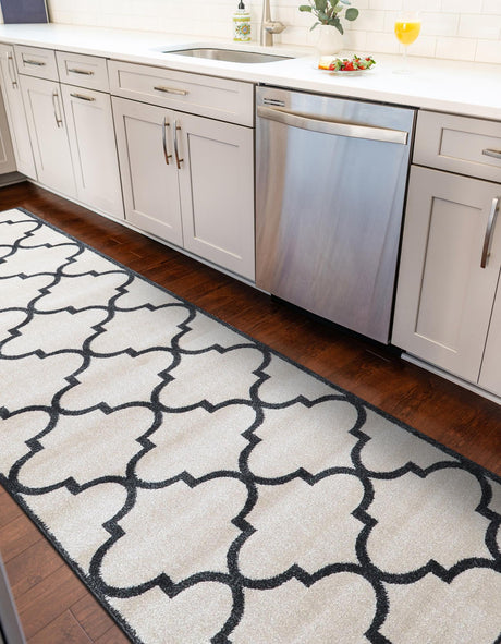 Beige and Black 2' 7 x 10' Trellis Runner Area Rug Geometric Modern Unique Durable Easy Clean Carpet for Contemporary Interior Design for Sale at Rug Engine