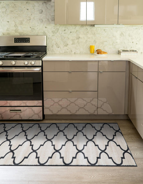 Beige and Black 2' 7 x 10' Trellis Runner Area Rug Geometric Modern Unique Durable Easy Clean Carpet for Contemporary Interior Design for Sale at Rug Engine