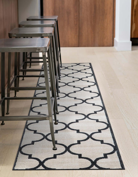 Beige and Black 2' 7 x 10' Trellis Runner Area Rug Geometric Modern Unique Durable Easy Clean Carpet for Contemporary Interior Design for Sale at Rug Engine