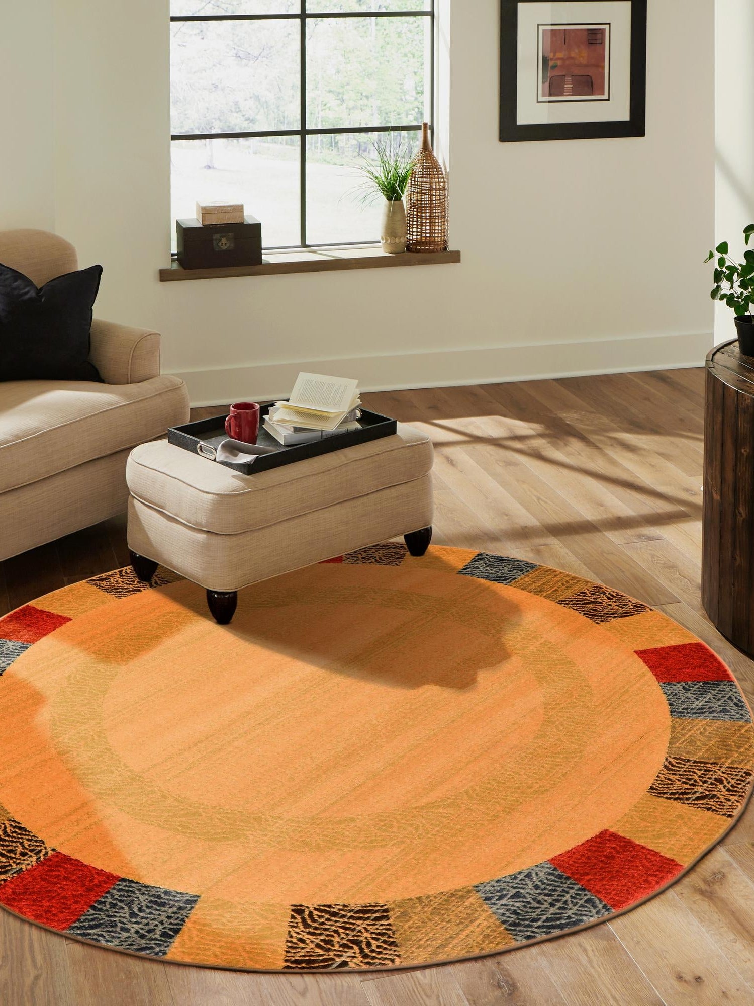 Beige 6' 1 x 6' 1 Fars Round Area Rug 100% Polypropylene Unique Traditional Carpet for Classical Living, Dining Room & Office Spaces for Sale at Rug Engine