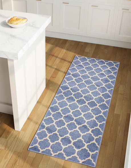 Light Blue 2' 7 x 10' Trellis Runner Area Rug Geometric Modern Unique Durable Easy Clean Carpet for Contemporary Interior Design for Sale at Rug Engine
