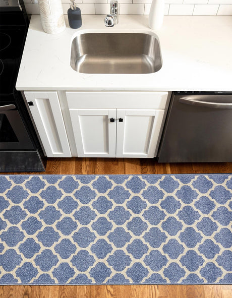 Light Blue 2' 7 x 10' Trellis Runner Area Rug Geometric Modern Unique Durable Easy Clean Carpet for Contemporary Interior Design for Sale at Rug Engine