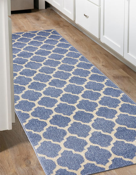Light Blue 2' 7 x 10' Trellis Runner Area Rug Geometric Modern Unique Durable Easy Clean Carpet for Contemporary Interior Design for Sale at Rug Engine