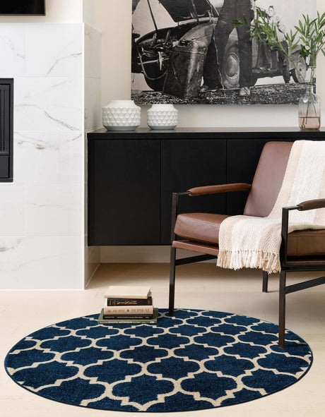 Dark Blue 7' 10 x 7' 10 Trellis Round Area Rug Geometric Modern Unique Durable Easy Clean Carpet for Contemporary Interior Design for Sale at Rug Engine