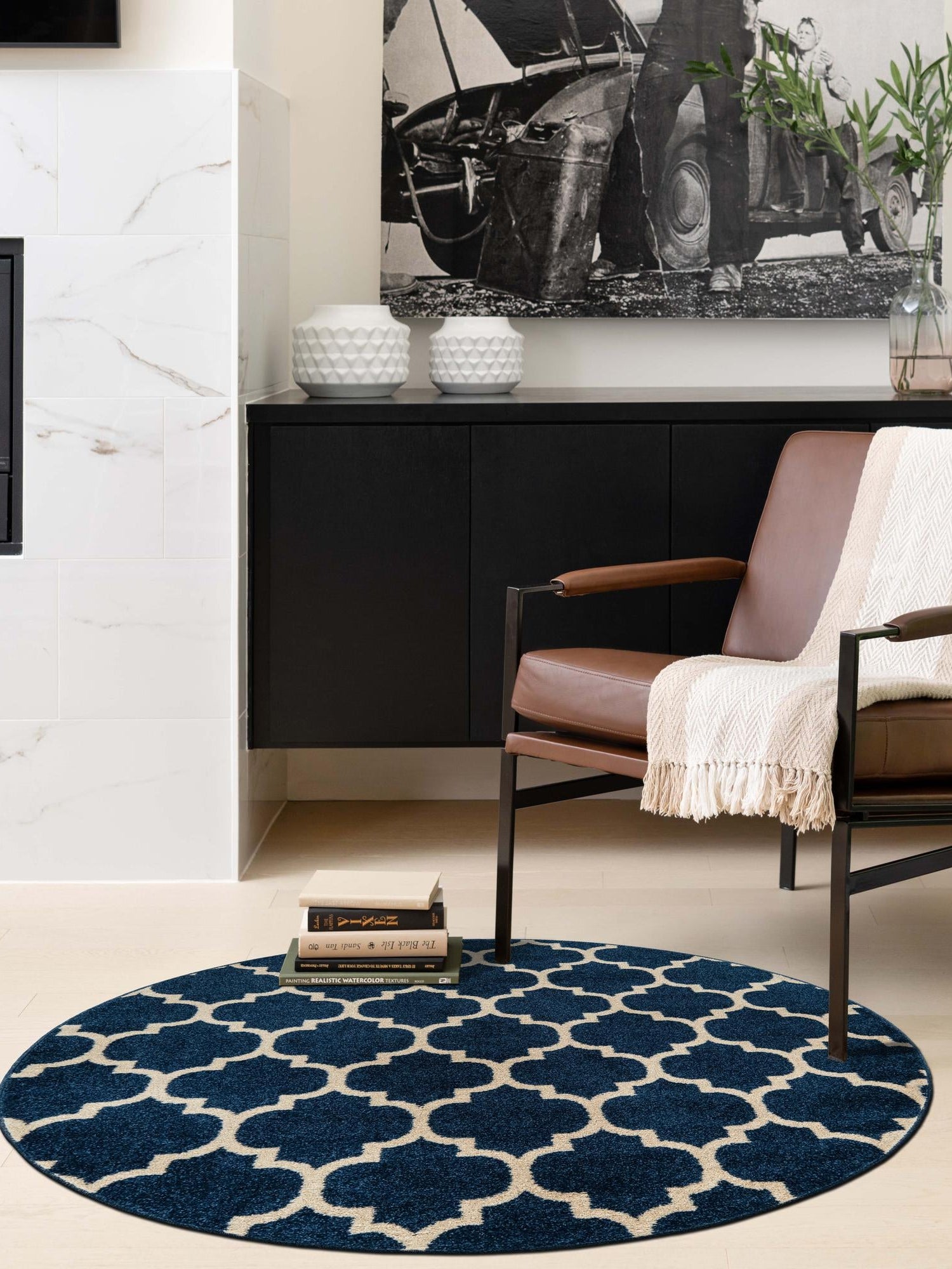 Dark Blue 12' 2 x 12' 2 Trellis Round Area Rug