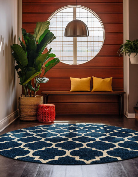 Dark Blue 6' 1 x 6' 1 Trellis Round Area Rug Geometric Modern Unique Durable Easy Clean Carpet for Contemporary Interior Design for Sale at Rug Engine