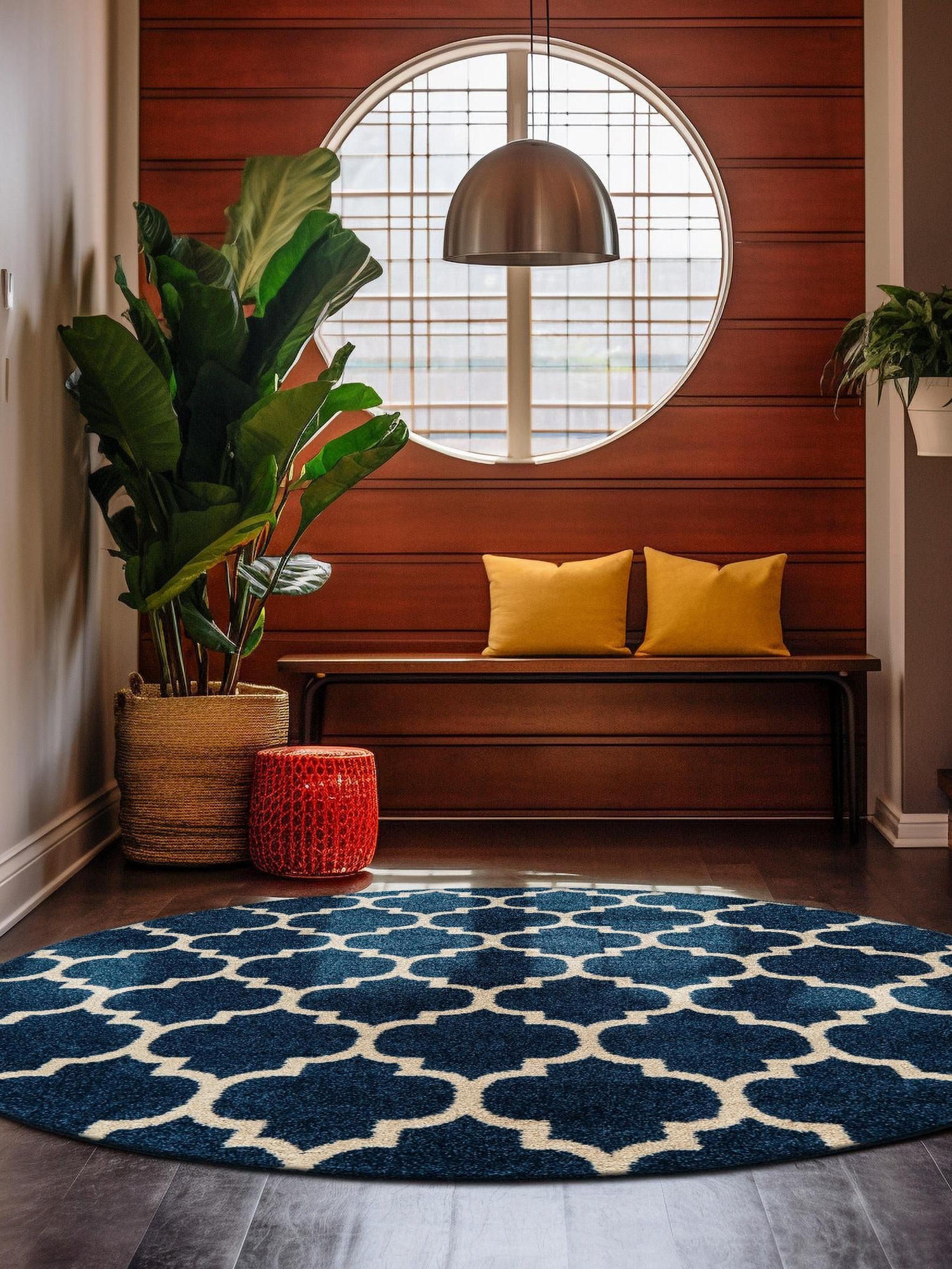 Dark Blue 7' 10 x 7' 10 Trellis Round Area Rug