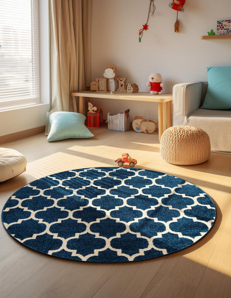 Dark Blue 3' 1 x 3' 1 Trellis Round Area Rug Geometric Modern Unique Durable Easy Clean Carpet for Contemporary Interior Design for Sale at Rug Engine