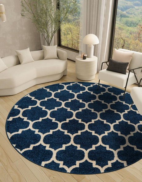 Dark Blue 6' 1 x 6' 1 Trellis Round Area Rug Geometric Modern Unique Durable Easy Clean Carpet for Contemporary Interior Design for Sale at Rug Engine