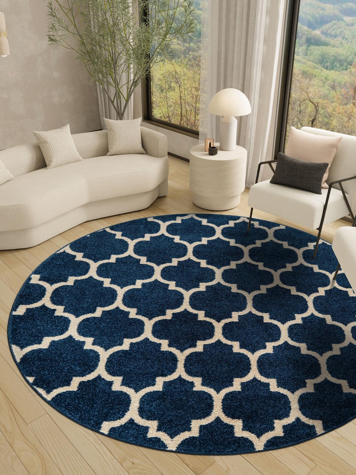 Dark Blue 7' 10 x 7' 10 Trellis Round Area Rug