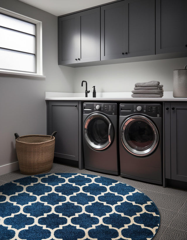 Dark Blue 8' x 8' Trellis Round Rug