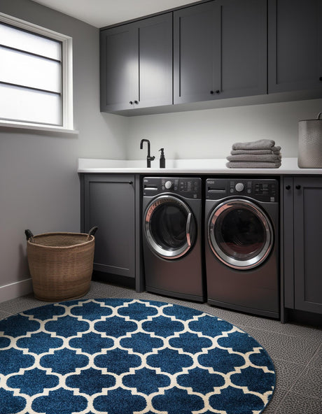 Dark Blue 12' 2 x 12' 2 Trellis Round Area Rug Geometric Modern Unique Durable Easy Clean Carpet for Contemporary Interior Design for Sale at Rug Engine