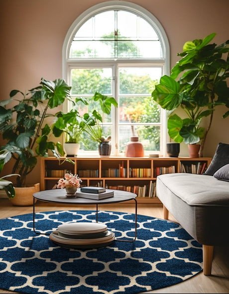 Dark Blue 12' 2 x 12' 2 Trellis Round Area Rug Geometric Modern Unique Durable Easy Clean Carpet for Contemporary Interior Design for Sale at Rug Engine
