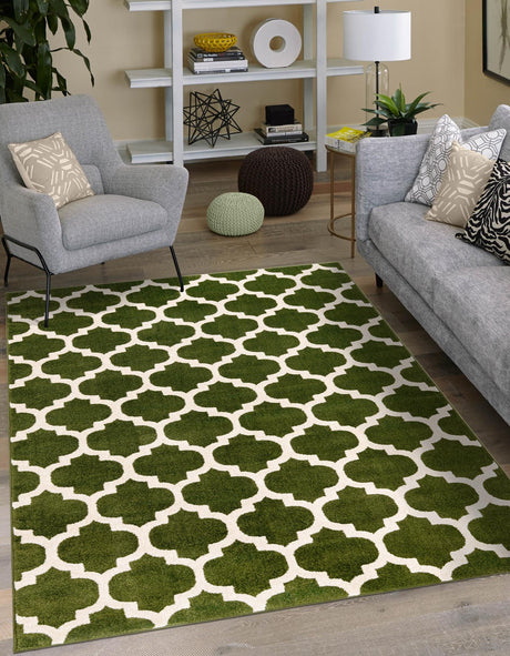 Dark Green 3' 1 x 5' 3 Trellis Rectangle Area Rug Geometric Modern Unique Durable Easy Clean Carpet for Contemporary Interior Design for Sale at Rug Engine