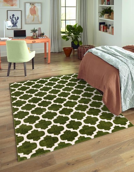 Dark Green 7' 1 x 10' Trellis Rectangle Area Rug Geometric Modern Unique Durable Easy Clean Carpet for Contemporary Interior Design for Sale at Rug Engine