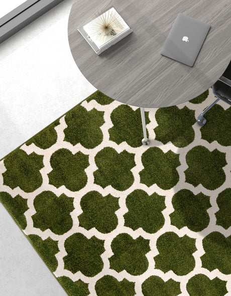 Dark Green 4' 1 x 6' 1 Trellis Rectangle Area Rug Geometric Modern Unique Durable Easy Clean Carpet for Contemporary Interior Design for Sale at Rug Engine