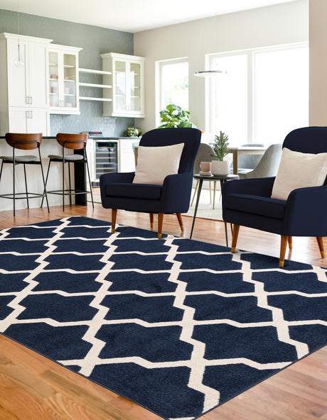 Navy Blue 9' x 12' Trellis Rectangle Area Rug Geometric Modern Unique Durable Easy Clean Carpet for Contemporary Interior Design for Sale at Rug Engine