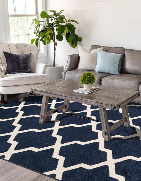 Navy Blue 9' x 12' Trellis Rectangle Area Rug Geometric Modern Unique Durable Easy Clean Carpet for Contemporary Interior Design for Sale at Rug Engine