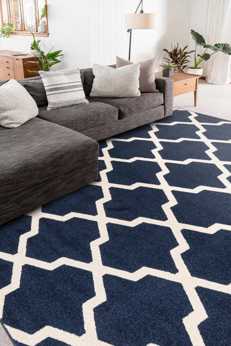Navy Blue 3' 1 x 5' 3 Trellis Rectangle Area Rug Geometric Modern Unique Durable Easy Clean Carpet for Contemporary Interior Design for Sale at Rug Engine