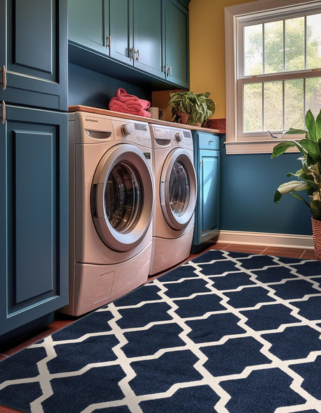 Navy Blue 3' 1 x 5' 3 Trellis Rectangle Area Rug Geometric Modern Unique Durable Easy Clean Carpet for Contemporary Interior Design for Sale at Rug Engine