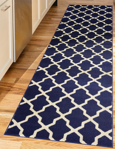 Navy Blue 2' 7 x 10' Trellis Runner Area Rug Geometric Modern Unique Durable Easy Clean Carpet for Contemporary Interior Design for Sale at Rug Engine