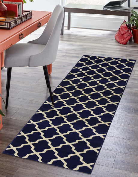 Navy Blue 2' 7 x 10' Trellis Runner Area Rug Geometric Modern Unique Durable Easy Clean Carpet for Contemporary Interior Design for Sale at Rug Engine