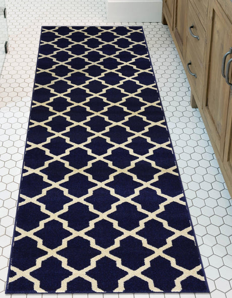 Navy Blue 2' 7 x 10' Trellis Runner Area Rug Geometric Modern Unique Durable Easy Clean Carpet for Contemporary Interior Design for Sale at Rug Engine