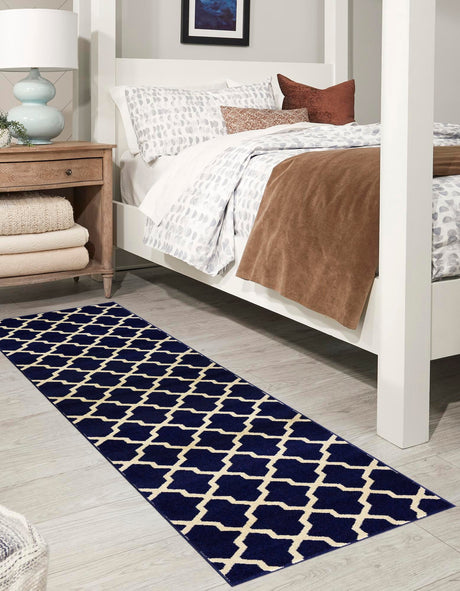 Navy Blue 2' 7 x 10' Trellis Runner Area Rug Geometric Modern Unique Durable Easy Clean Carpet for Contemporary Interior Design for Sale at Rug Engine