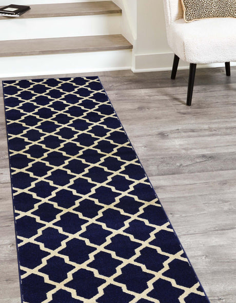 Navy Blue 2' 7 x 10' Trellis Runner Area Rug Geometric Modern Unique Durable Easy Clean Carpet for Contemporary Interior Design for Sale at Rug Engine
