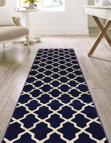 Navy Blue 2' 7 x 10' Trellis Runner Area Rug Geometric Modern Unique Durable Easy Clean Carpet for Contemporary Interior Design for Sale at Rug Engine